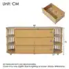 Puidust kummuti mõõdud: laius 160 cm, kõrgus 75 cm, sügavus 40 cm; sahtli mõõdud 45 x 28,5 x 13 cm