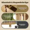 Infograafika puidust mööblieseme detailidest: kaldus sahtlifront, bambusest jalad ja libisemisvastased jalapadjad