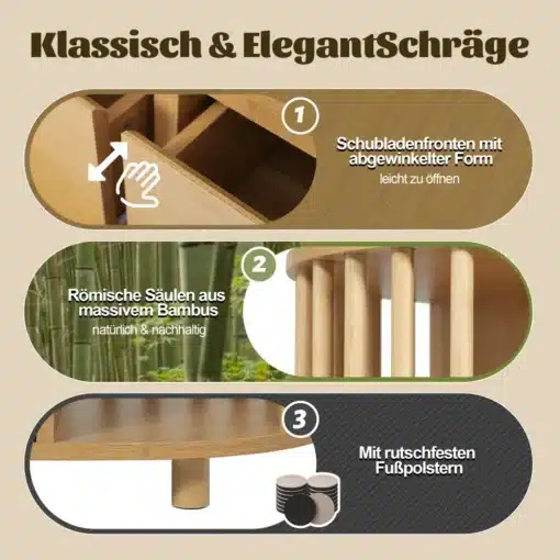 Infograafika puidust mööblieseme detailidest: kaldus sahtlifront, bambusest jalad ja libisemisvastased jalapadjad