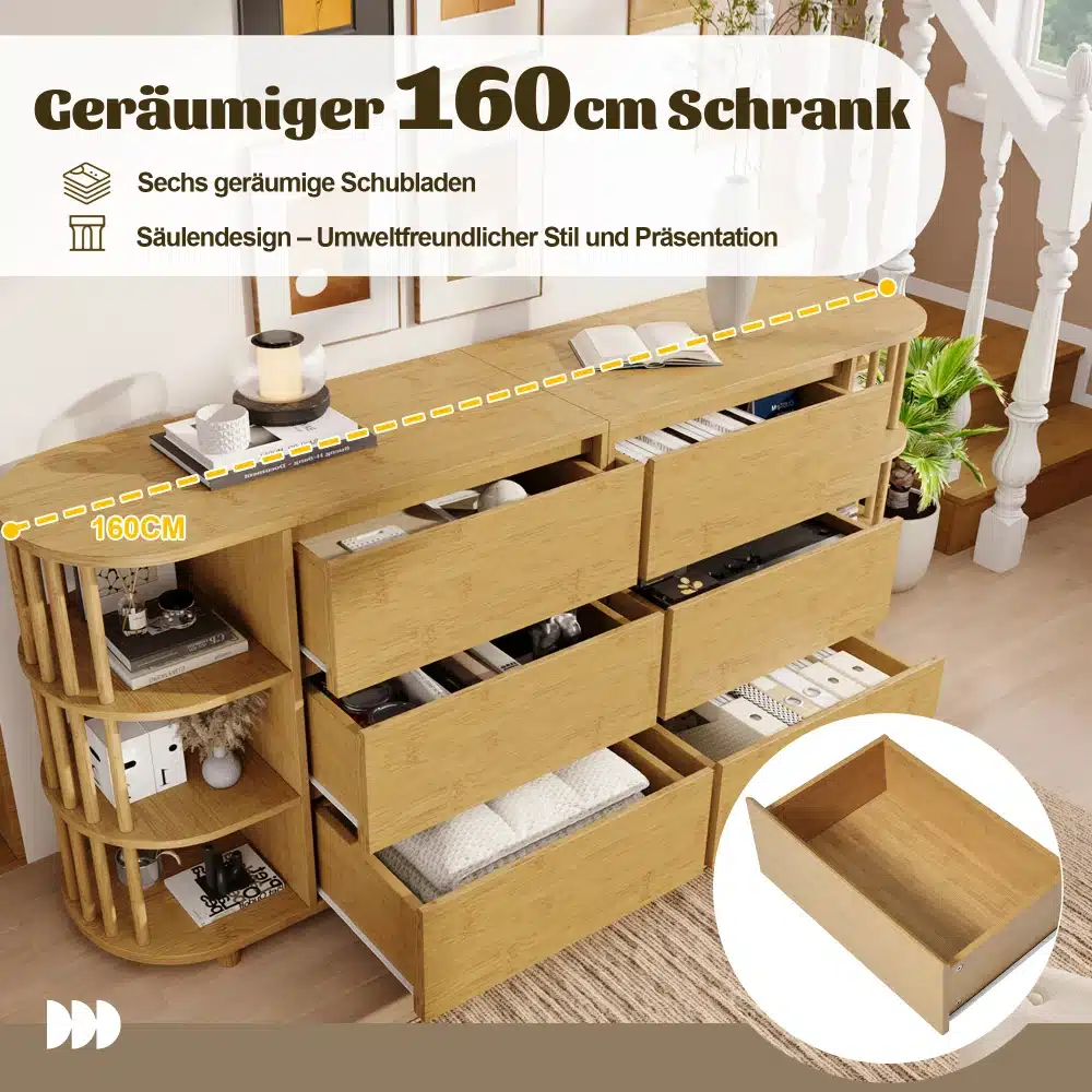 160 cm laiaga puidutooni kummut kuue sahtli ja külgriiulitega