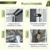Veekindel aiakuur jalgratastele ja aiatööriistadele | E-pood Tootemaailm Toote detailvaade nelja ühenduslahendusega: tugede ühendus, kummipalliga kinnitus, maanõel ja katte kinnitamine paneelidega