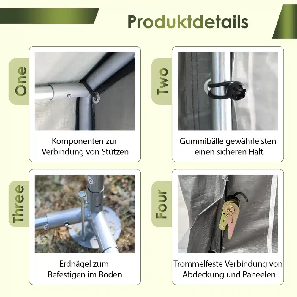 Toote detailvaade nelja ühenduslahendusega: tugede ühendus, kummipalliga kinnitus, maanõel ja katte kinnitamine paneelidega