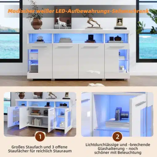 LED-valgustusega puhvetkapp 3 sektsiooniga | E-pood Tootemaailm Valge LED-valgustusega hoiukapp riiulite ja ustega, avatud panipaigad näha