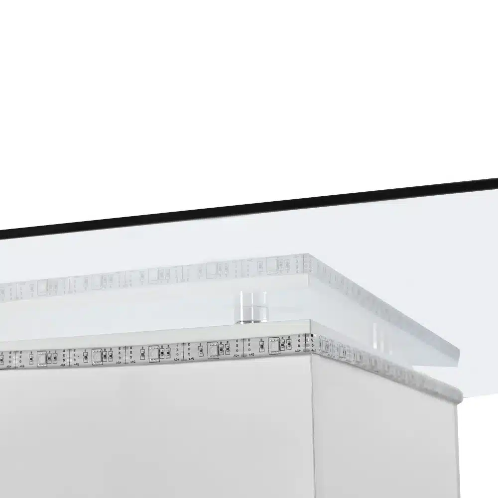 Valge mööbli pealne integreeritud LED-riba ja klaasist tasapind