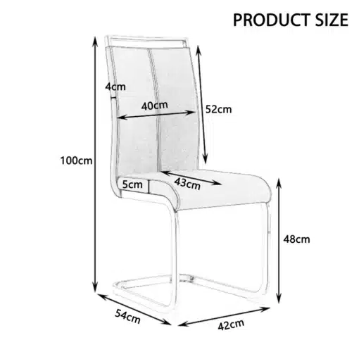 Toolatooline söögitooli suurusejoonis mõõtudega 100 cm kõrgus, 54 cm ja 42 cm alus, 52 cm seljatugi, 40 cm seljatoe laius ja 43 cm isteosa