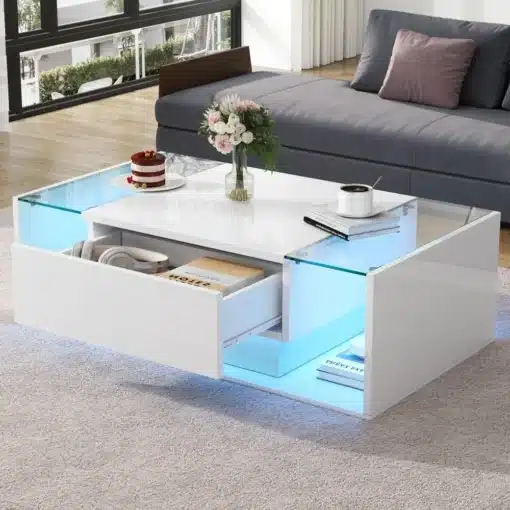 Moodne LED-valgustusega diivanilaud sahtliga | E-pood Tootemaailm Moodne valge diivanilaud sahtli ja sinise LED-valgustusega elutoas