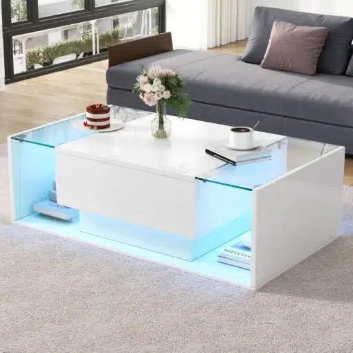 Moodne LED-valgustusega diivanilaud sahtliga | E-pood Tootemaailm Moodne valge diivanilaud klaaspindade ja sinise LED-valgustusega elutoas