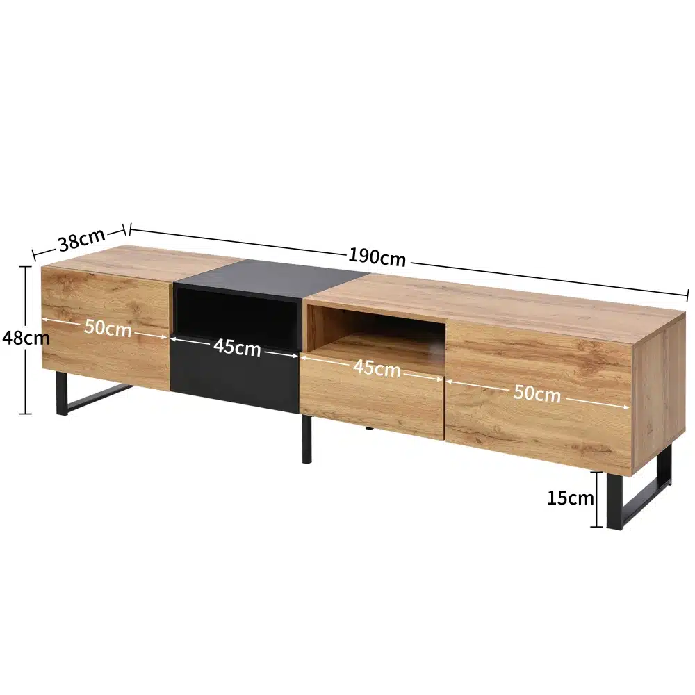 Puidutoonis ja musta viimistlusega TV-alus mõõtudega 190 × 48 × 38 cm, sahtli ja avatud riiuliga