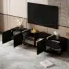 Moodsad TV-alused LED-valguse ja panipaikadega | E-pood Tootemaailm Must must TV-alus avatud ustega, sahtlite ja riiulitega, kaasaegses elutoas