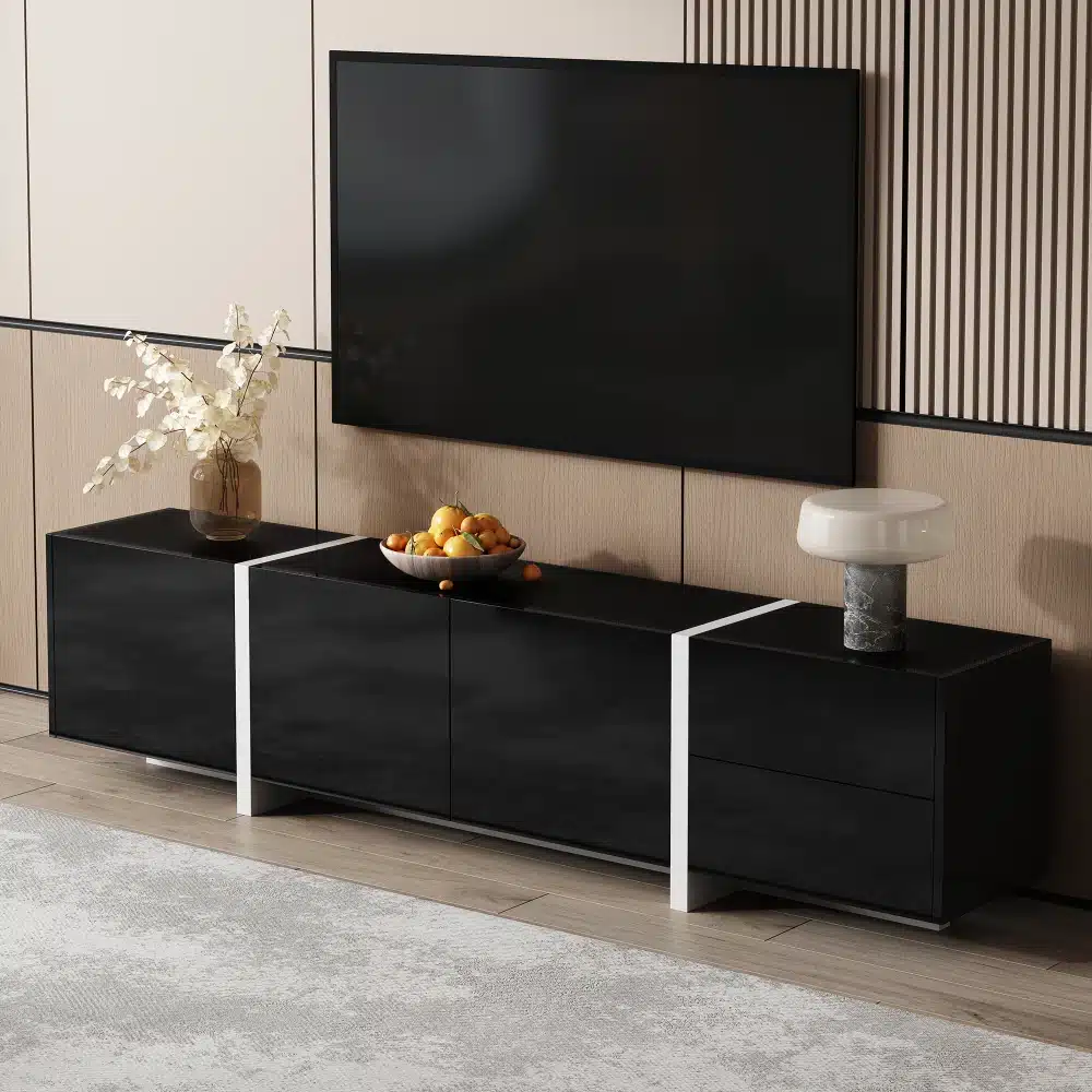 Moodne must TV-alus sahtlite ja dekoratiivesemetega elutoas
