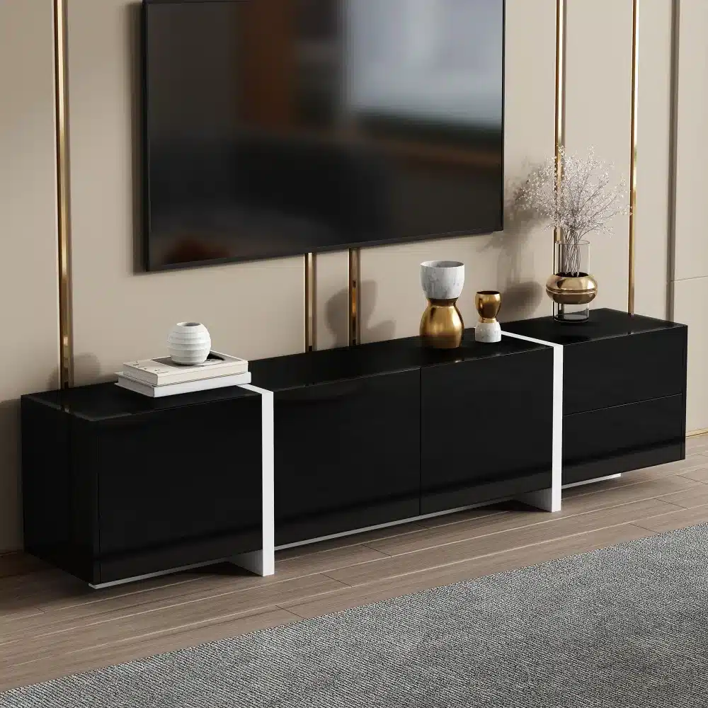 Must must TV-alus valgete detailidega modernses elutoas