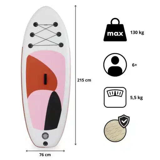 Laste täispuhutav SUP laud mõlaga | E-pood Tootemaailm Täispuhutav SUP-laud mõõtudega 215 x 76 cm, kandevõime 130 kg, kaal 5,5 kg
