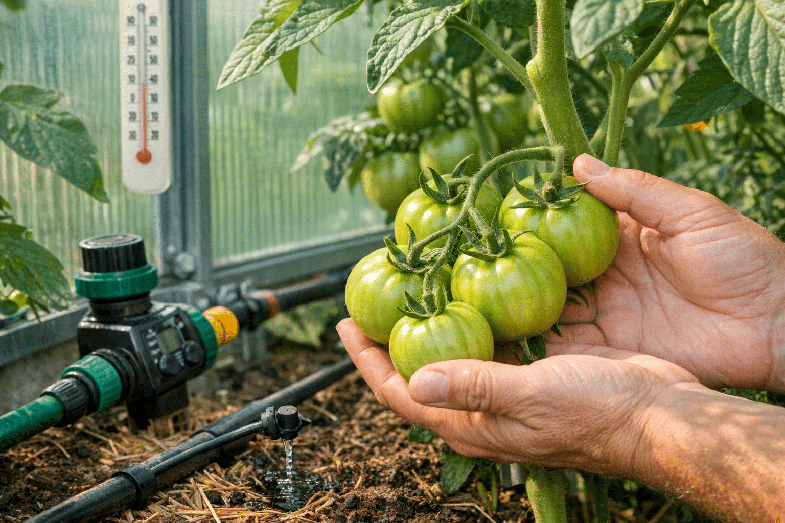 Aednik kontrollib kasvuhoones roheliste tomatite valmimist