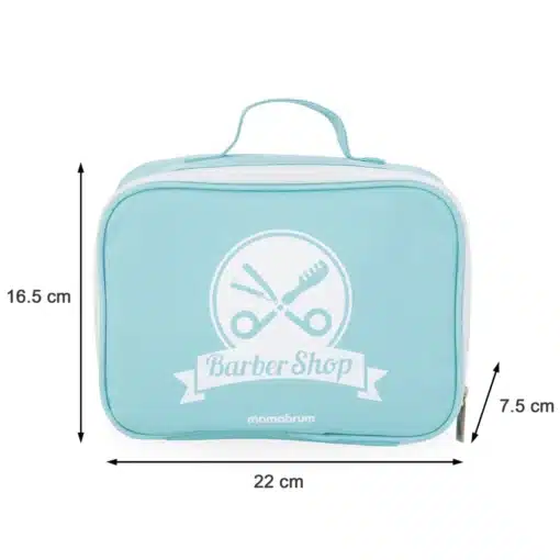 Laste juuksurikomplekt 11-osaline | E-pood Tootemaailm Hele sinine Barber Shop logoga lukuga kandekott mõõtudega 22 x 16,5 x 7,5 cm