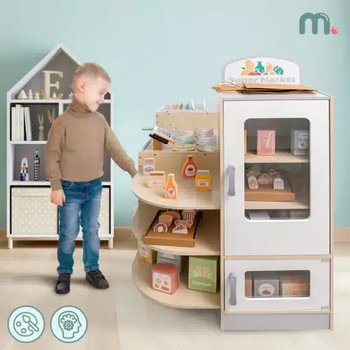 Laste mängupoe ja kohviku komplekt 106-osaline | E-pood Tootemaailm Laps mängib puidust mängupoe ja külmkapiga mänguköögis