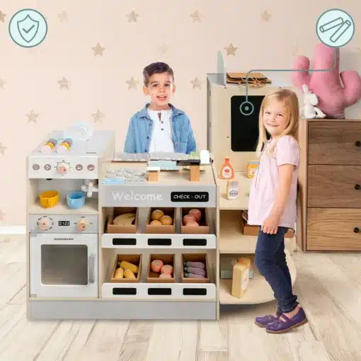 Laste mängupoe ja kohviku komplekt 106-osaline | E-pood Tootemaailm Laste mänguköök ahju, riiulite ja mängutoiduga, kaks last mängimas