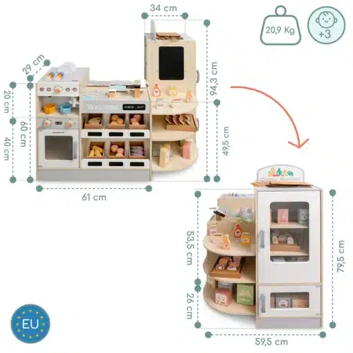 Laste mängupoe ja kohviku komplekt 106-osaline | E-pood Tootemaailm Puidust mängupoe ja mänguköögi komplekt mõõtudega 61 x 94,3 cm ning kokkupandult 59,5 x 79,5 cm