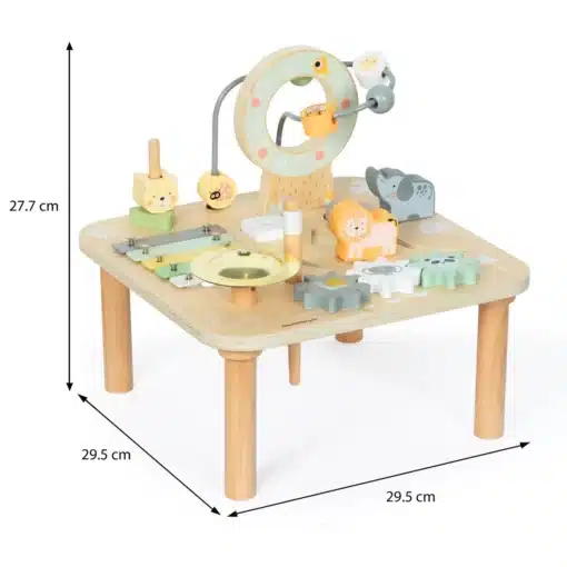 Laste aktiivsuslaud 7 ühes Montessori sensoorsete tegevustega | E-pood Tootemaailm Puust arendav mängulaud loomade ja kujunditega, mõõtmed 29,5 × 29,5 × 27,7 cm
