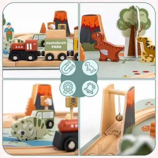 Puidust dinosauruste rongirada lastele 36 osa | E-pood Tootemaailm Puidust dinosauruste mängukomplekt teede, vulkaani, puu ja kujukestega