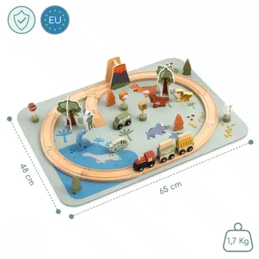 Puidust dinosauruste rongirada lastele 36 osa | E-pood Tootemaailm Puittiega mängurööpad ja dinosauruste mängumaastik mõõtudega 65 x 48 cm