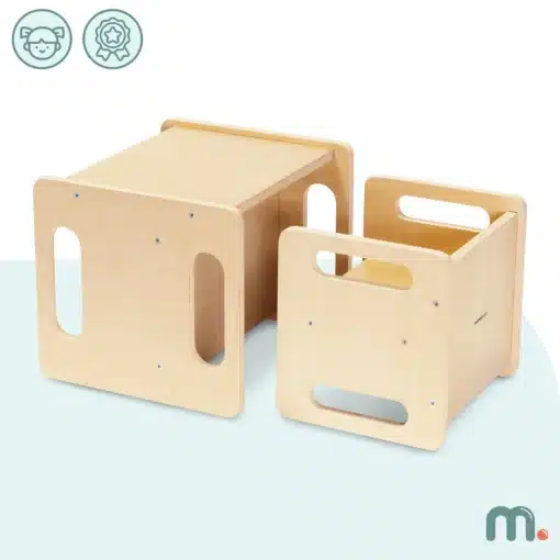 Montessori laud ja tool lastele 3+ | E-pood Tootemaailm Kaks hele puidust lastemööbli detaili, üks suurem ja üks väiksem karkass käepidemete avadega