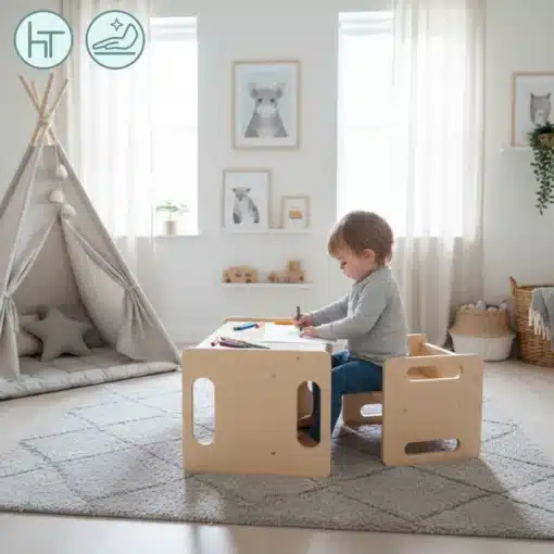 Montessori laud ja tool lastele 3+ | E-pood Tootemaailm Laps istub väikesel puidust lauakombinatsioonil ja joonistab mängutelgi kõrval lastetoas.
