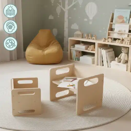Montessori laud ja tool lastele 3+ | E-pood Tootemaailm Lastetoa puidust mängulaud ja kaks väikest tooli beežis mängunurgas