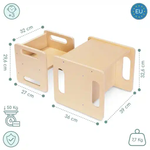 Montessori laud ja tool lastele 3+ | E-pood Tootemaailm Puidust laste mööbel 2-osaline komplekt, mõõtudega 36 x 39 x 32,6 cm ja 32 x 27 x 29,6 cm