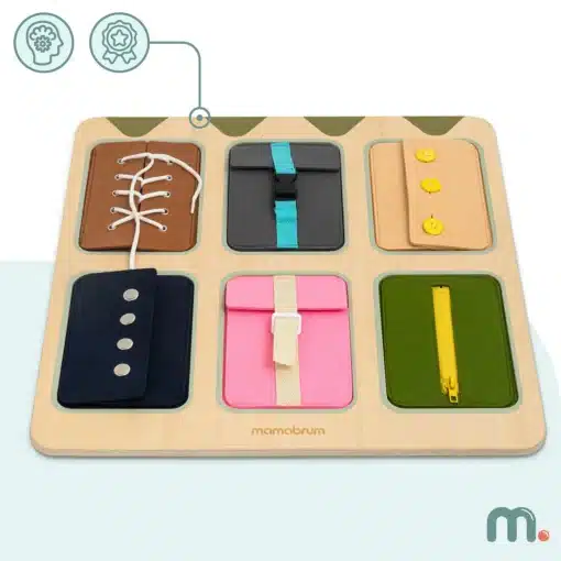 Montessori tegeluslaud lastele 18+ kuud | E-pood Tootemaailm Montessori puidust tegevuslaud kuue erineva kinnituse ja lukuga