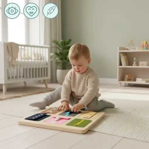 Montessori tegeluslaud lastele 18+ kuud | E-pood Tootemaailm Väikelaps mängib põrandal puidust arendava lauaga laste toas