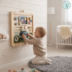 Puust Montessori tegevustahvel seinal, laps mängib käepidemete ja nuppudega