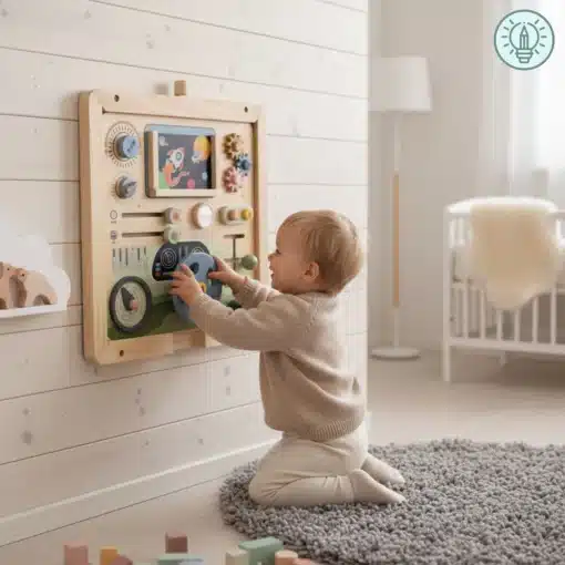 Seinale kinnitatav raam Montessori tegelustahvlitele lastele | E-pood Tootemaailm Puust Montessori tegevustahvel seinal, laps mängib käepidemete ja nuppudega