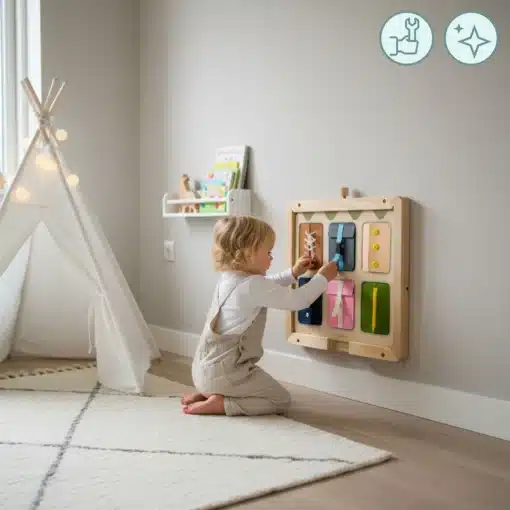 Seinale kinnitatav raam Montessori tegelustahvlitele lastele | E-pood Tootemaailm Väike laps mängib seinale kinnitatud puidust tegevuspaneeliga mängutoas