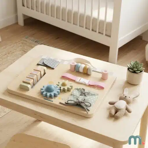 Montessori tegevustahvel lastele peenmotoorika arendamiseks | E-pood Tootemaailm Laste mängulaud puidust arendavate detailide ja pehmete mänguasjadega lastetoas
