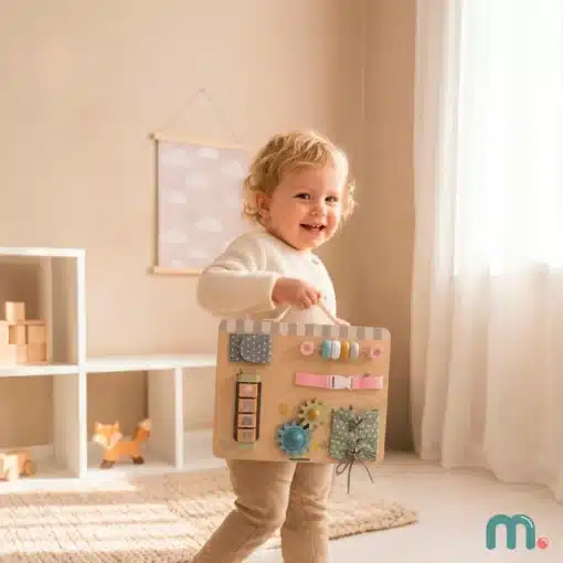 Montessori tegevustahvel lastele peenmotoorika arendamiseks | E-pood Tootemaailm Naeratav väikelaps hoiab käes puidust tegevustahvlit toas