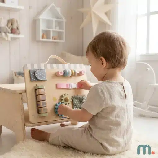 Montessori tegevustahvel lastele peenmotoorika arendamiseks | E-pood Tootemaailm Väikelaps mängib puidust tegevuslaua ehk busy boardiga heledas lastetoas