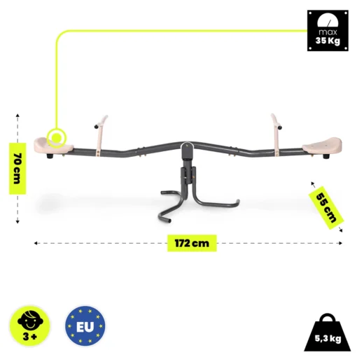 Laste aiakiik ja karussell 2-ühes 360° | E-pood Tootemaailm Tasakaalulaud mõõtudega 172 x 55 x 70 cm, kandevõime kuni 35 kg, kaal 5,3 kg
