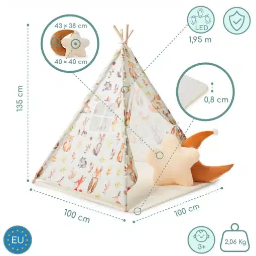 Laste tipi telk koos mati, patjade ja LED-tuledega | E-pood Tootemaailm Laste mängutelgi mõõtmed 100 x 100 x 135 cm, LED-valgustus 1,95 m, padjaga