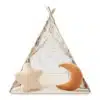 Laste tipi telk koos mati, patjade ja LED-tuledega | E-pood Tootemaailm Lastetelk metsloomamustriga, sees tähe ja kuu kujuline pehmendus