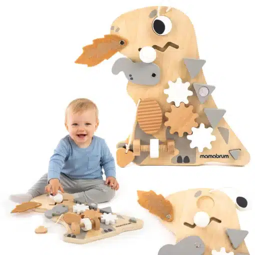 Montessori dinosauruse kujuline tegevustahvel lastele 10 ühes | E-pood Tootemaailm Beebi puidust tegevuslaud looma kujuga, hammasrattad, nupud ja liikuvad detailid