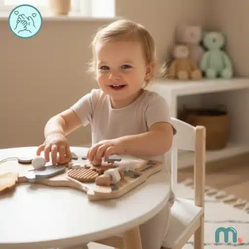 Montessori dinosauruse kujuline tegevustahvel lastele 10 ühes | E-pood Tootemaailm Naeratav väikelaps mängib laua taga puidust arendava puslega