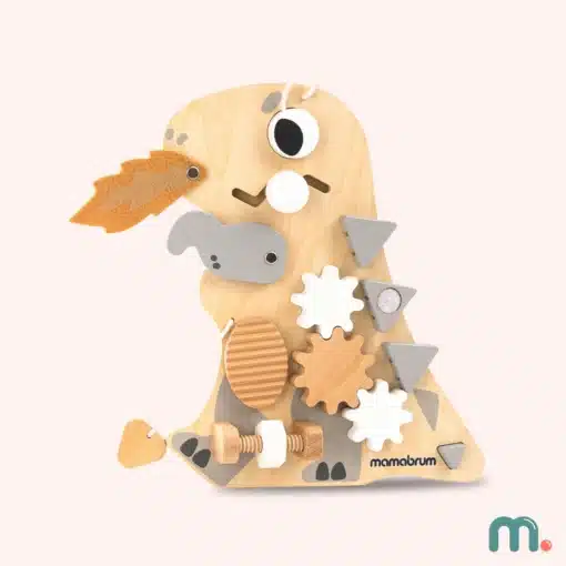 Montessori dinosauruse kujuline tegevustahvel lastele 10 ühes | E-pood Tootemaailm Puust montessori tegevusmänguasi koera kujutisega, hammasrataste ja liikuvate detailidega