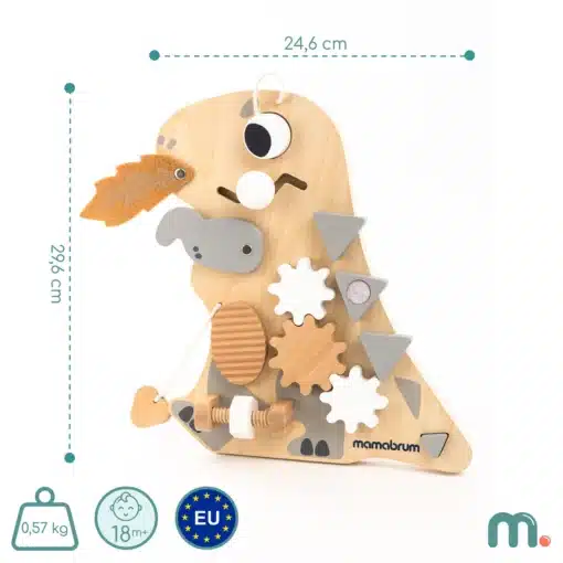 Montessori dinosauruse kujuline tegevustahvel lastele 10 ühes | E-pood Tootemaailm Puidust dinosauruse kujuline mängupaneel mõõtudega 24,6 × 29,6 cm