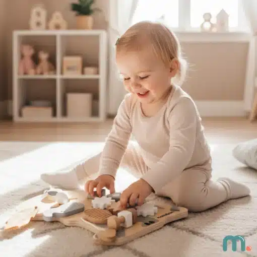 Montessori dinosauruse kujuline tegevustahvel lastele 10 ühes | E-pood Tootemaailm Naeratav väikelaps mängib põrandal puidust arendava puslega