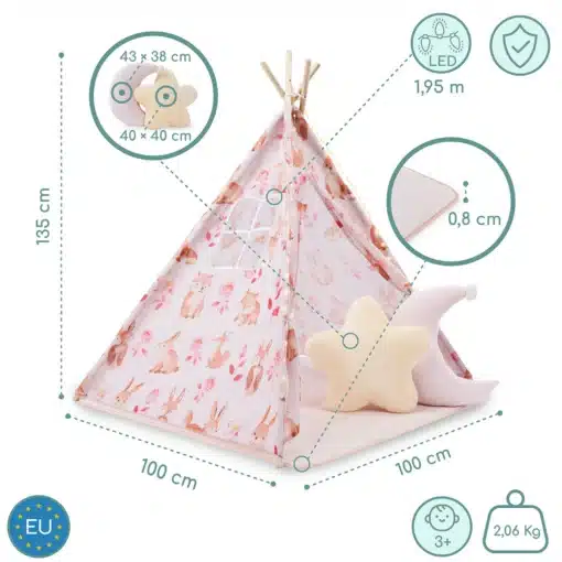 Roosa laste telk vaiba, patjade ja LED-valgustitega | E-pood Tootemaailm Laste tipi telk mõõtudega 100 x 100 x 135 cm, LED-valgusega, pastelne jäneste mustriga