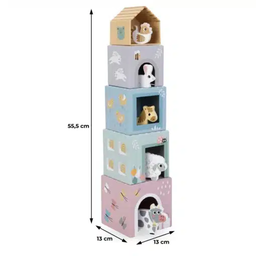 Õppemäng farmi sorteerimistorn lastele 12+ kuud | E-pood Tootemaailm Viie plokist koosnev pastelsete loomamustritega puidust mängutorn, kõrgus 55,5 cm ja alus 13 x 13 cm