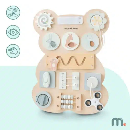Montessori motoorikalaud lastele karukese kujuline | E-pood Tootemaailm Puidust sensoorne tegevuslaud karu kujuga, erinevate lülitite, nuppude ja ratastega