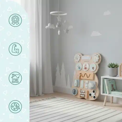 Montessori motoorikalaud lastele karukese kujuline | E-pood Tootemaailm Lastetoa interjööris seinal seisev puidust tegevusmänguasi, karukujuline sensoorne õppelaud