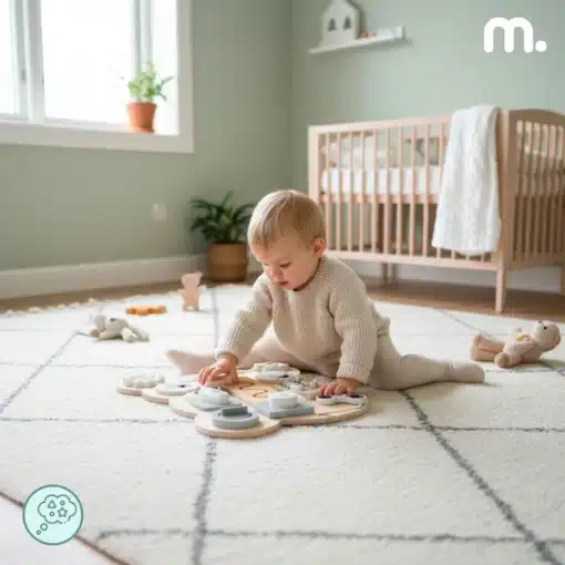 Montessori motoorikalaud lastele karukese kujuline | E-pood Tootemaailm Väikelaps mängib põrandal puidust arendava tegevuslauaga lastetoas