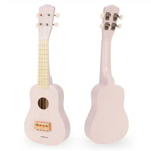 Laste ukulele mängupill 4 keelega alates 3. eluaastast | E-pood Tootemaailm Roosa ukulee kahest vaatenurgast, eest ja tagant